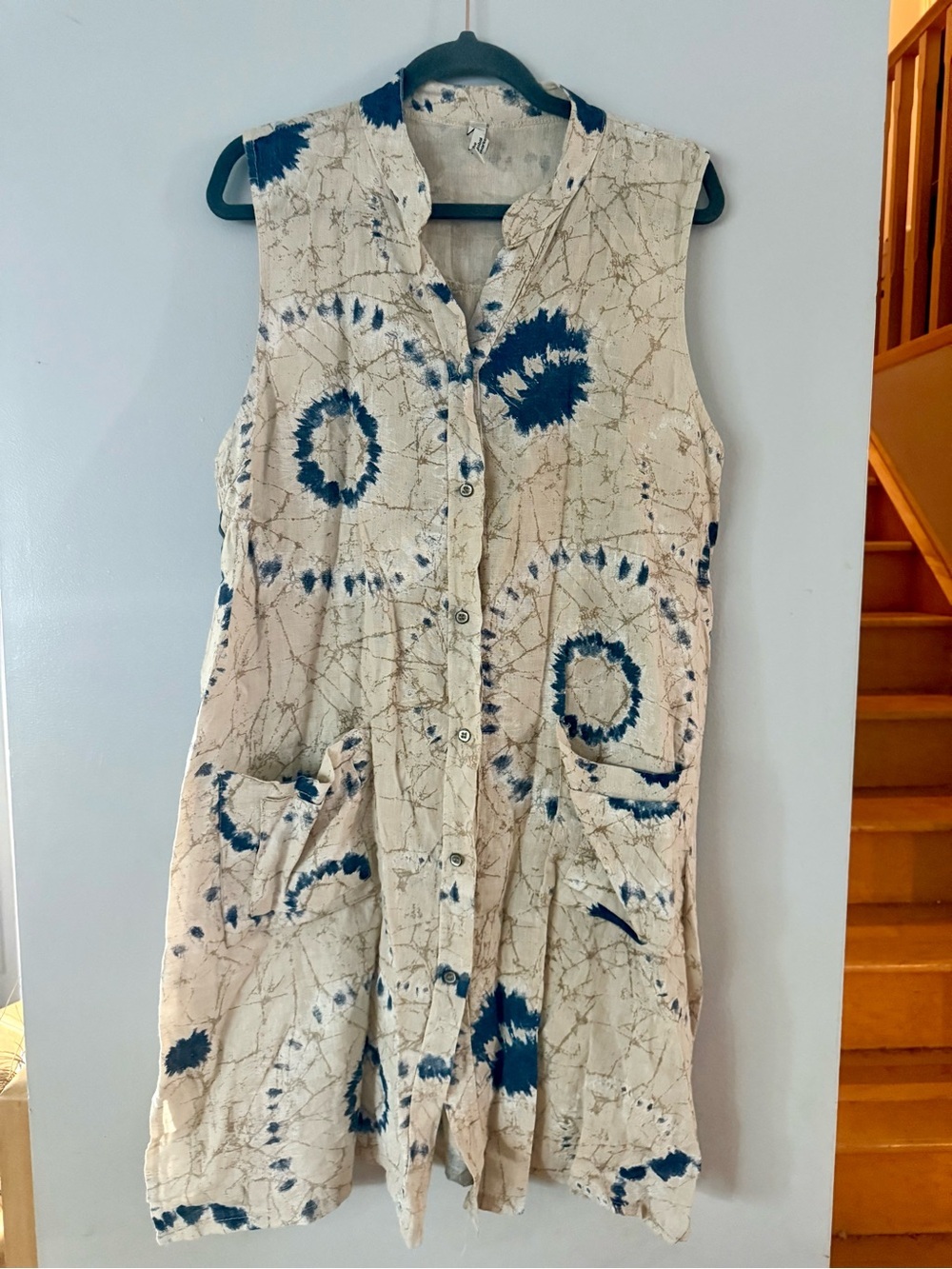 Artisan Batik Tie Dye Sleeveless Button-Up Midi Dress Tunic with Pockets L/XL